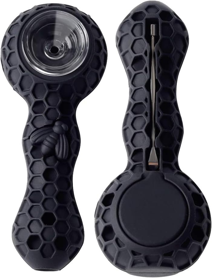 Unbreakable Honey Silicone Straw Pipe with Cleaner Cover and Decorative Bowl Interior (Black)