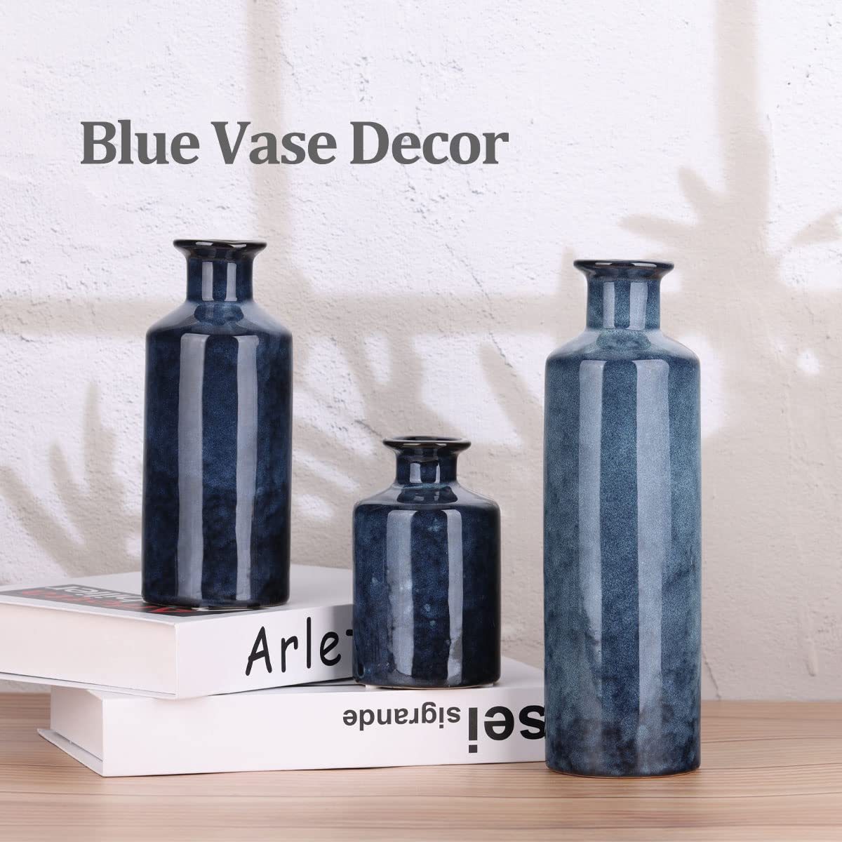 Blue Ceramic Vases Set - 3 Blue Small Vase, Farmhouse Country Blue Vases Home Decor, Living Room Decoration, Table Decoration, Fireplace Decor, and Entrance Decoration Centerpieces - Image 5