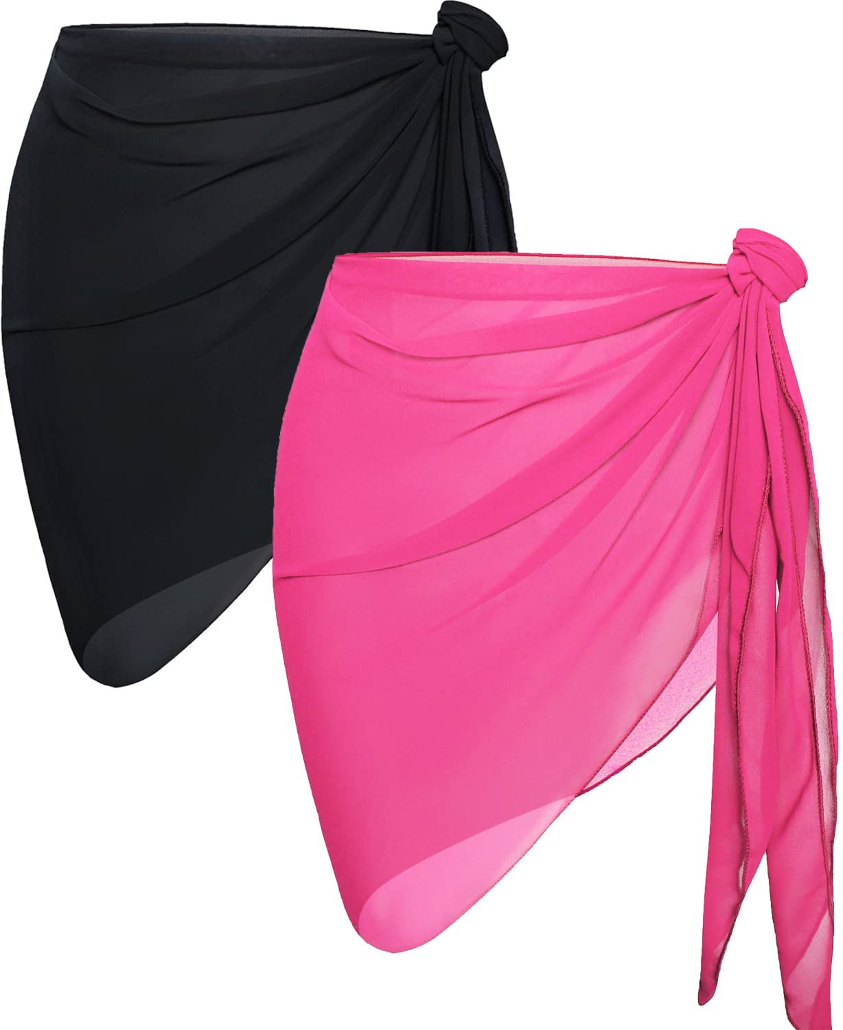 View 1 of 2 Pieces Sarong Cover Ups for Women Beach Bathing Suit Wrap Sheer Short Skirt Bikini Chiffon Scarf for Swimwear (Black)