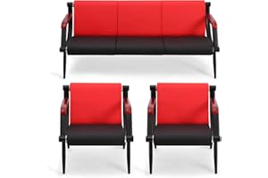 Walmokid Waiting Room Chairs with Wooden Armrest, PU Leather Office Furniture, Lobby Conference Reception Chairs, Office Guest Seating for Clinic,Airport,Hospital,Barber,Salon,Bank(Red&Black, 3)