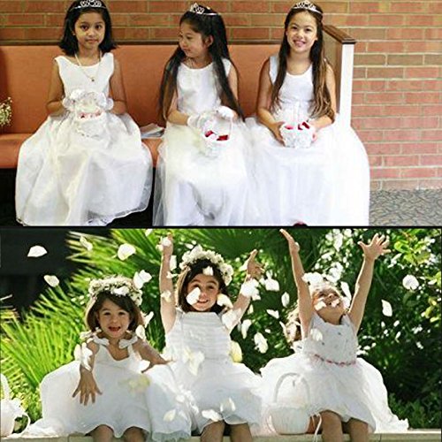 ARKSU Flower Girl Basket with Satin Ribbon and 2 Heart Rhinestones 5x8.5 inch for Rustic Wedding Shower Ceremony Party-White - Thumbnail 4