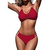 Zilcremo Women Two Piece Bikini Double Strap Swimsuits Hollow Out Bathing Suit Mid Waist Bikini Sets