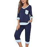 KORSIS Womens Pajamas Set PJ Set 2 Piece Soft Sleepwear 3/4 Sleeve V-Neck Top and Waisted Adjustable Capri Pants with Pocket