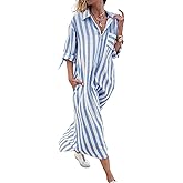 utcoco Womens Casual Striped 1/4 Zipper Maxi Shirt Dresses Rolled Up Sleeve Beach Vacation Boho Shift Dress