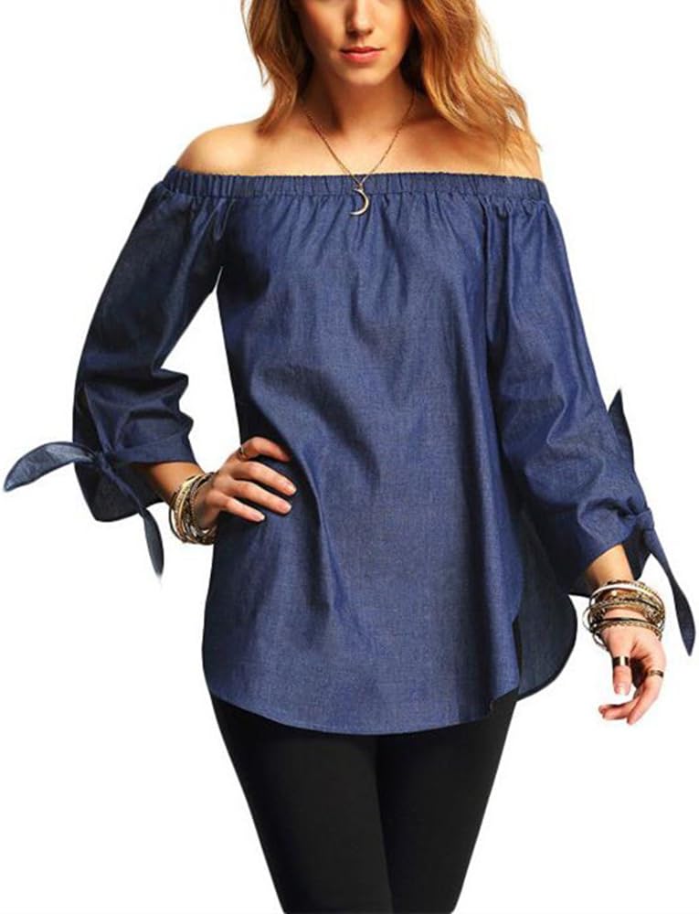 Monissy Womens Off Shoulder Blouse Casual Summer Ladies Long Sleeve Top Shirt