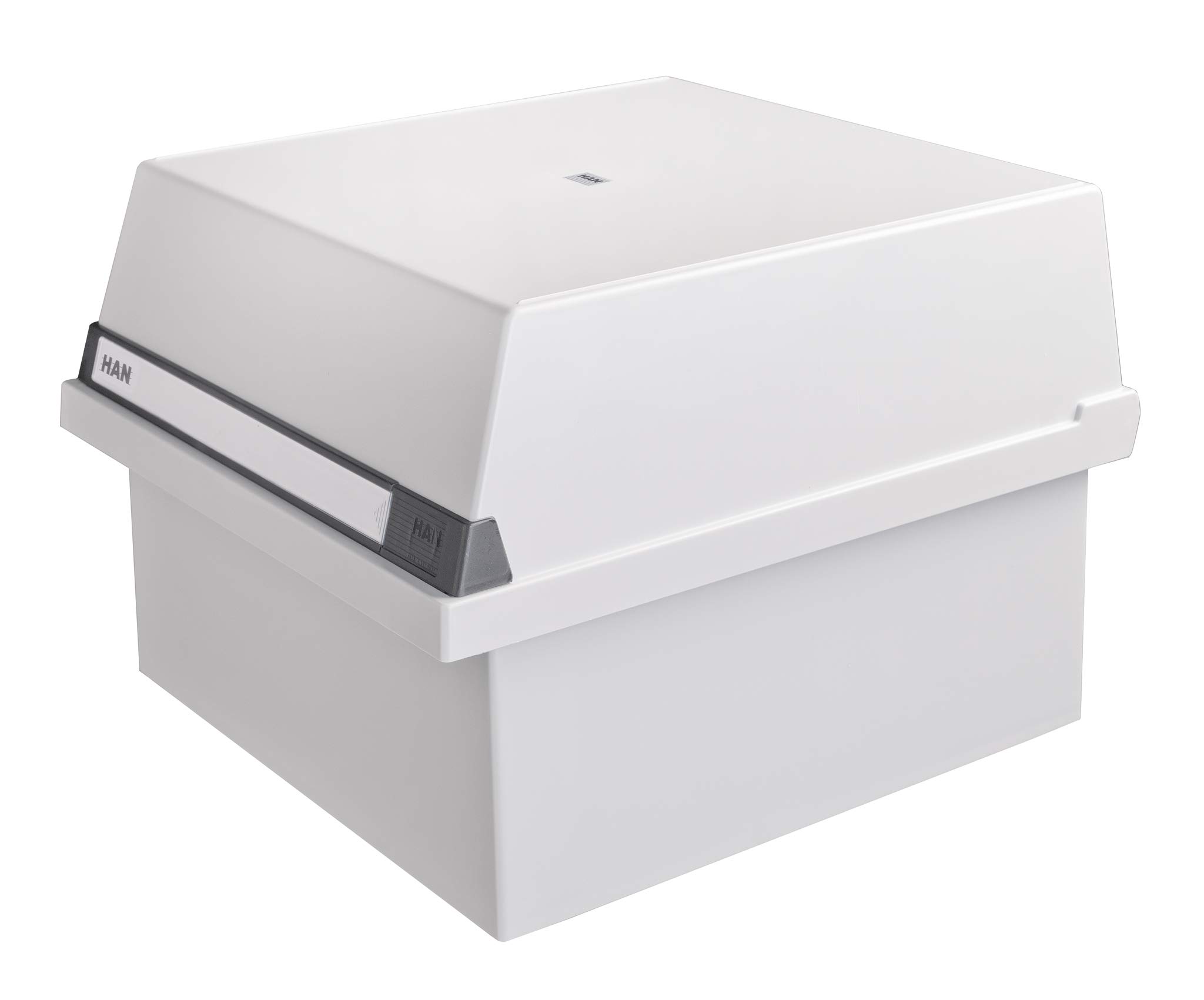 HAN 954-11, Card filing box A4 landscape. Innovative, attractive design holds 1,300 cards, readjustable lid supplied with large inscription label, light-grey
