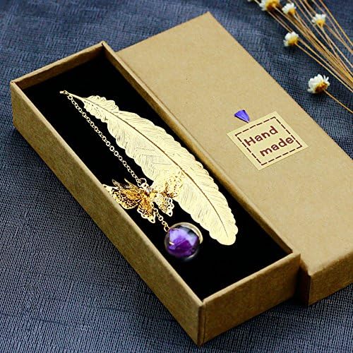 GIFT SURPRISE Fabric Home Vintage Golden Tinted Metal Brass Bookmarks Novelty Handmade Feathers Bookmark beaded with Butterfly & Flower Gift Box Packed DIY Art Craft Accessories Gifts, Purple