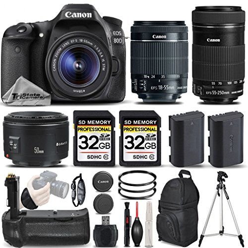 Canon EOS 80D Wi-Fi Full HD 1080P Digital SLR Camera + Canon 18-55mm IS STM Lens + Canon 55-250mm IS STM Lens + Canon 50mm 1.8 II Lens. All Original Accessories Included - International Version Canon EOS 80D Wi-Fi Full HD 1080P Digital SLR Camera + Canon 18-55mm IS STM Lens + Canon 55-250mm IS STM Lens + Canon 50mm 1.8 II Lens. All Original Accessories Included - Interna tional Version