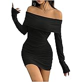 Milumia Women's Y2k Off Shoulder Ruched Mini Dress Foldover Long Sleeve Bodycon Party Club Dresses