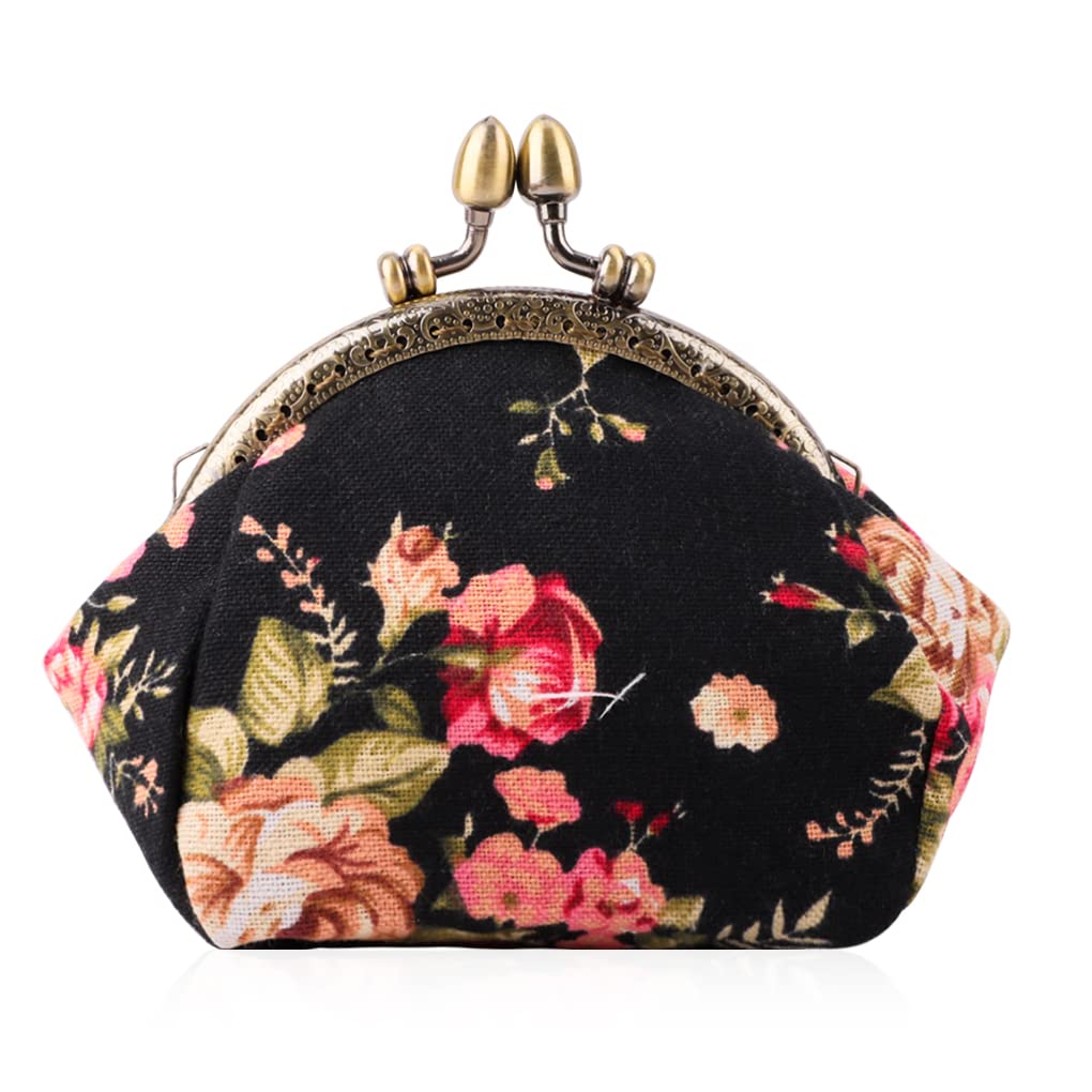 Oyachic Flower Coin Purse Kiss-Lock Wallet Vintage Pouch Money Floral Change Purses Fashion Card Coin Holder Bag for Women Girl
