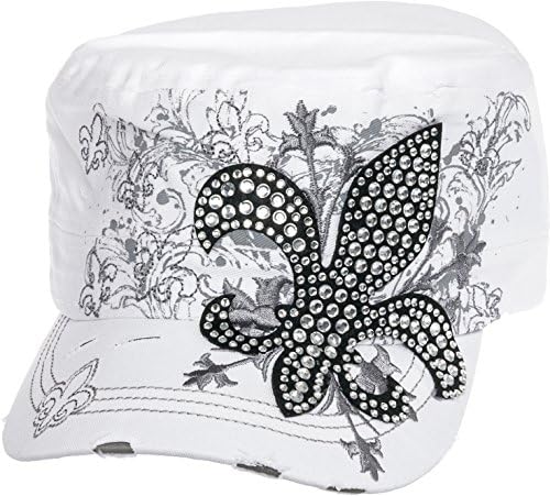 Crystal Case Womens Cotton Rhinestone Fleur de Lis Cadet Cap Hat (White)