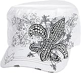Crystal Case Womens Cotton Rhinestone Fleur de Lis Cadet Cap Hat (White)