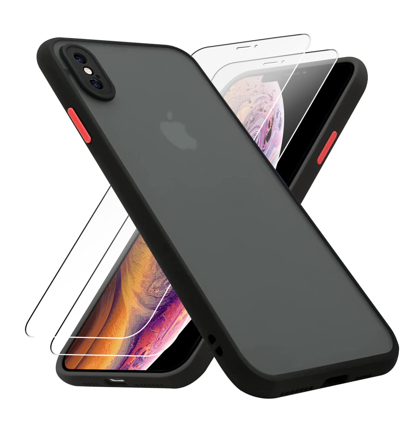KIOMY case for iPhone X/iPhone Xs with 2 HD Tempered Glass Screen Protectors, Translucent Matte Protection Cover with Soft Edge, Hard PC Back and TPU Hybrid Anti Yellow slim fit shell, 5.8 inch black — image 1
