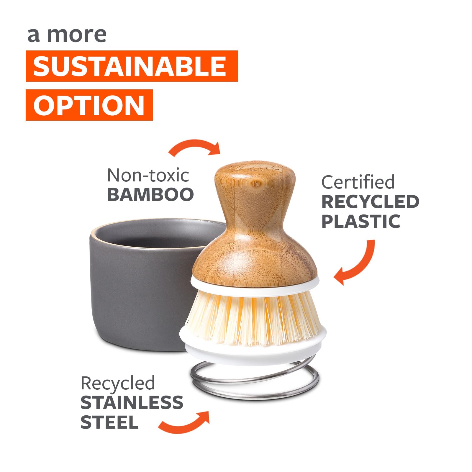 Full Circle Bubble Up Bamboo Dish Brush & Ceramic Soap Dispenser-Family Safe, Formaldehyde-Free-Kitchen Scrub Brush for Dishes, Nonstick & Cast Iron,Gray