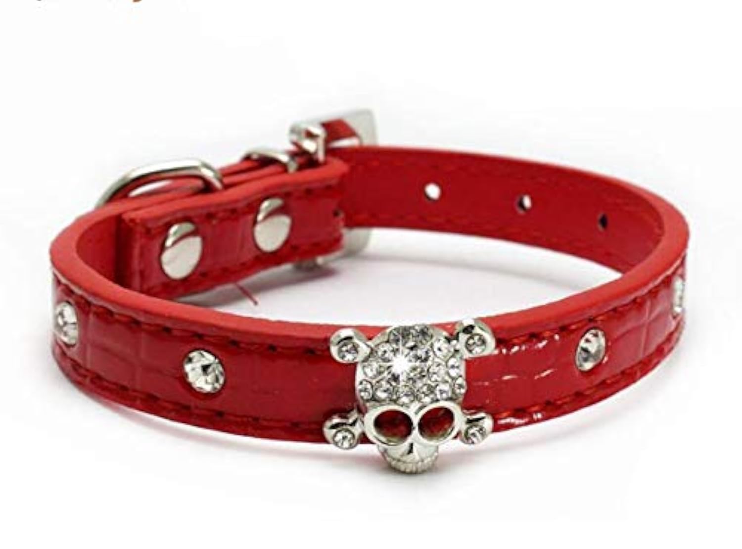 haoyueer Cute Dazzling Sparkling Elegant Fancy Skull Diamond Crystal Rhinestone Leather Small Pet Dog Cat Collar Puppy … (S, Red)