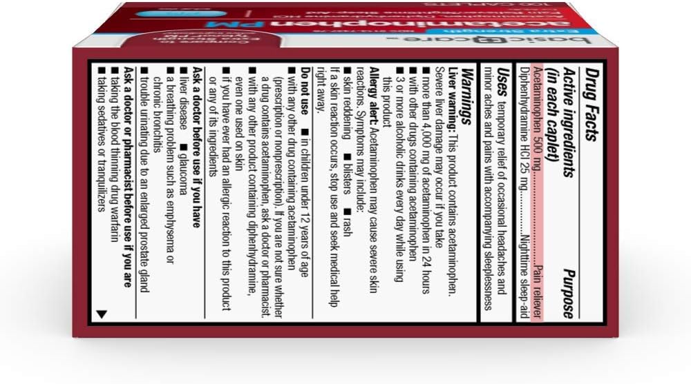 Basic Care Acetaminophen PM, Pain Reliever Plus Nighttime Sleep Aid, 100 Count: Health & Personal Care