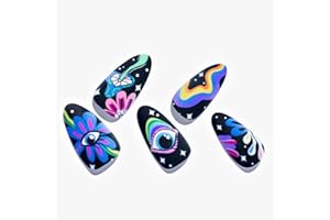 Press on Nails Medium Almond, GLAMERMAID Gothic Matte Cute Cartoon Glue on Gel Nails, 24Pcs Colorful Short Almond Mushroom Acrylic False Nails Kits Resuable UV Finish Full Cover Stick on Nails