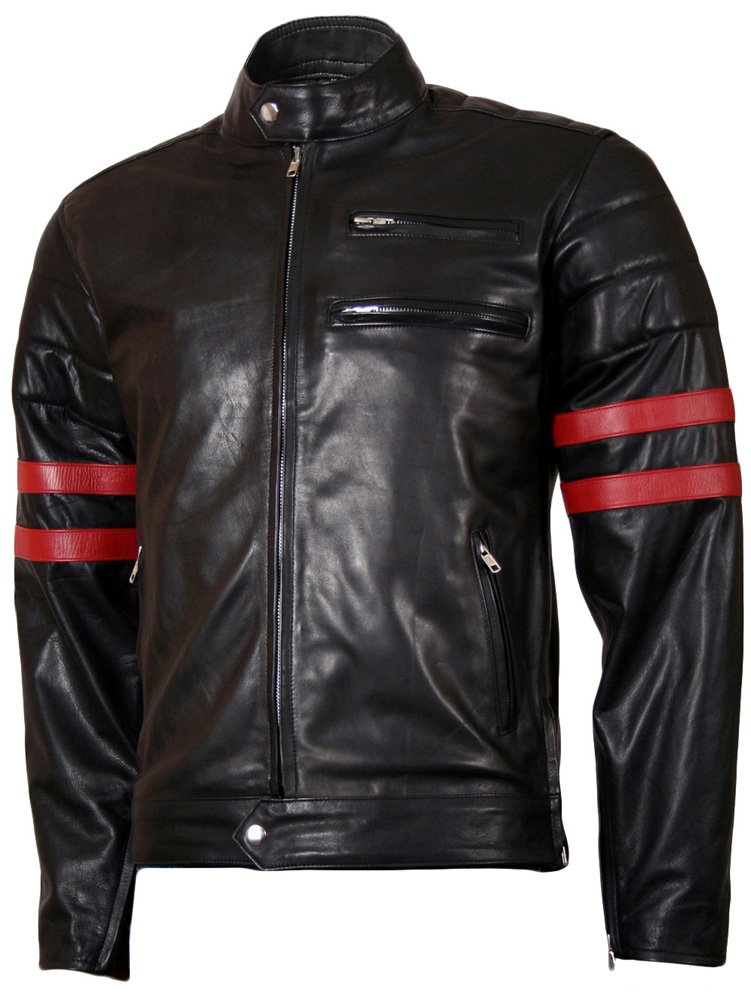 LJS X Men Wolverine Black Leather Jacket with Red Stripes on Sleeves