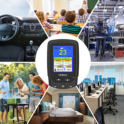 Life Basis Air Quality Monitor, Accurate Testing PM2.5 Particle Counter Formaldehyde HCHO Detector with PM1.0 PM10 TVOC TEMP HUM AQI Multi Test Data for Indoor Outdoor Car
