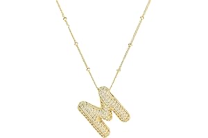 Qitian Shiny Cubic Zirconia Bubble Alphabet 26 A-Z,Puffy Name,Letter Necklace,Personalized Monogram Necklace,Balloon Initial Necklace Gifts for Women Girls 18K Gold Plated Jewelry.