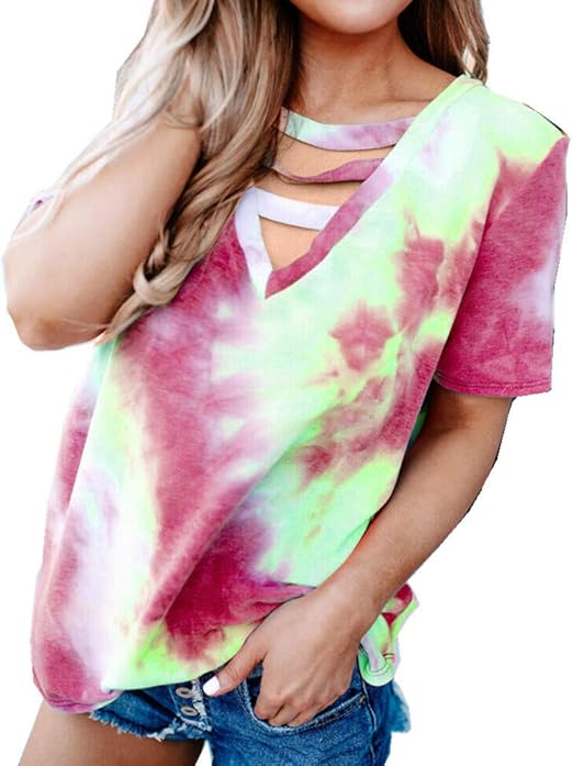 DREAMING-All-Match Women's Tie-Dye Printed V-Neck Loose Casual Short-Sleeved T-Shirt Tops Women 