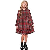 AGQT Christmas Plaid Dress for Girls Long Sleeve Round Neck Winter Shirt Dress Size 2-14T