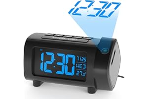 LIORQUE Projection Alarm Clock for Bedroom, Radio Alarm Clock with Projection on Ceiling Wall, Digital Clock Projector with 2-Color Display, 4-Level Dimmer, Temperature Monitor, 12/24H