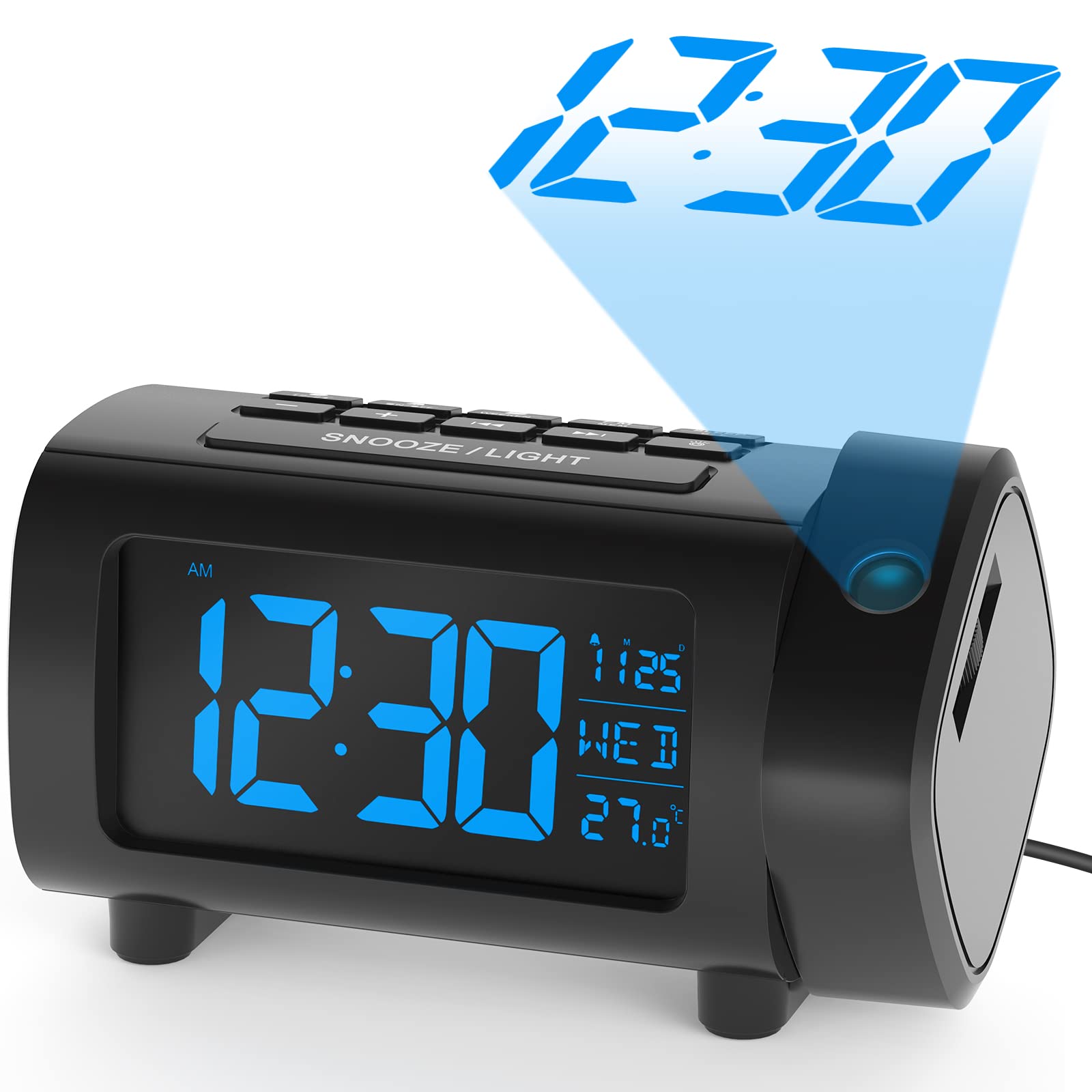 LIORQUE Projection Alarm Clock, Projection Clocks for Bedrooms with FM Radio with Projector, 4-Level Brightness Dimmer, VA Display, Snooze, USB Charger, Digital Alarm Clock for Bedroom