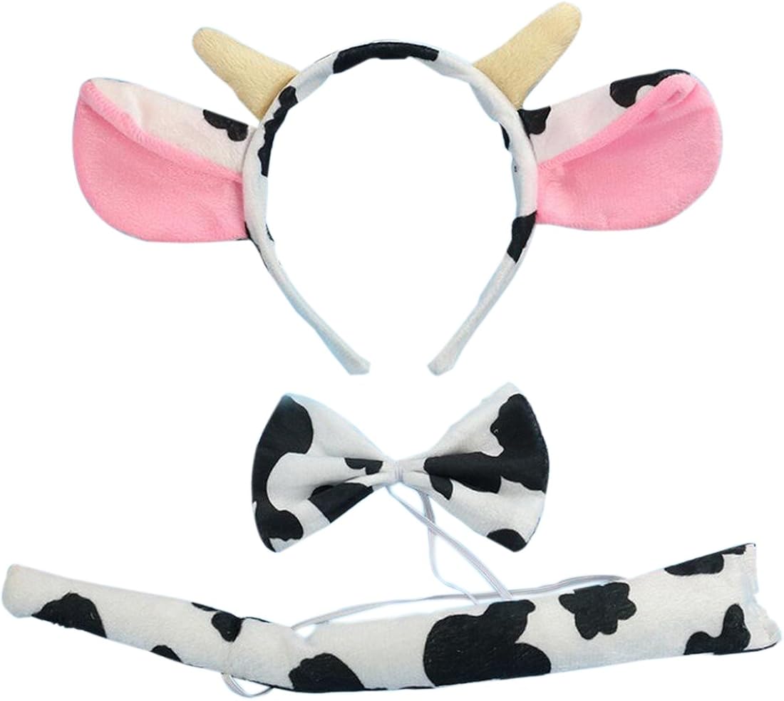 Marlegard 3PCs Funny Dalmatian Milk Leopard Costume Headband Ear with Tail Tie (Milk with Horn): Clothing