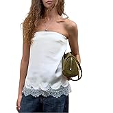 Women Y2K Lace Trim Satin Tube Top Silk Strapless Loose Bandeau Top Sexy Going Out Layering Shirt Streetwear