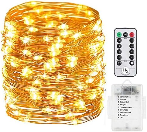 Battery Operated String Lights, Homesweety 33ft 100 LED String Lights Dimmable with Remote Control for Outdoor, Bedroom, Patio, Valentine's Day, Party, Wedding (Waterproof, Silver Wire, Warm White)