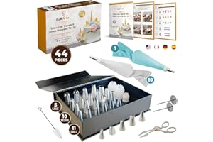 Cake Cupcake & Cookies Decorating Tips Set - 44 pcs Cake Decoration Kit of 26 Piping Tips, 10 Piping Bags & 1 Silicone Reusab