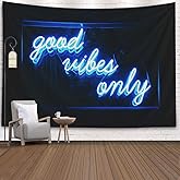 Musesh Neon Tapestry Blue Good Vibes Only Words Glow in The Dark Wall Tapestry for Bedroom Dorm Room 60X50 Inch