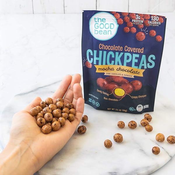 THE GOOD BEAN CHOCOLATE COVERED CHICKPEAS – MOCHA CHOCOLATE – 3.5 OZ RESEALABLE BAG – CRISPY CHOCOLATE CHICKPEA BEANS – CHOCOLATE SNACK WITH GOOD SOURCE OF PLANT PROTEIN AND FIBER