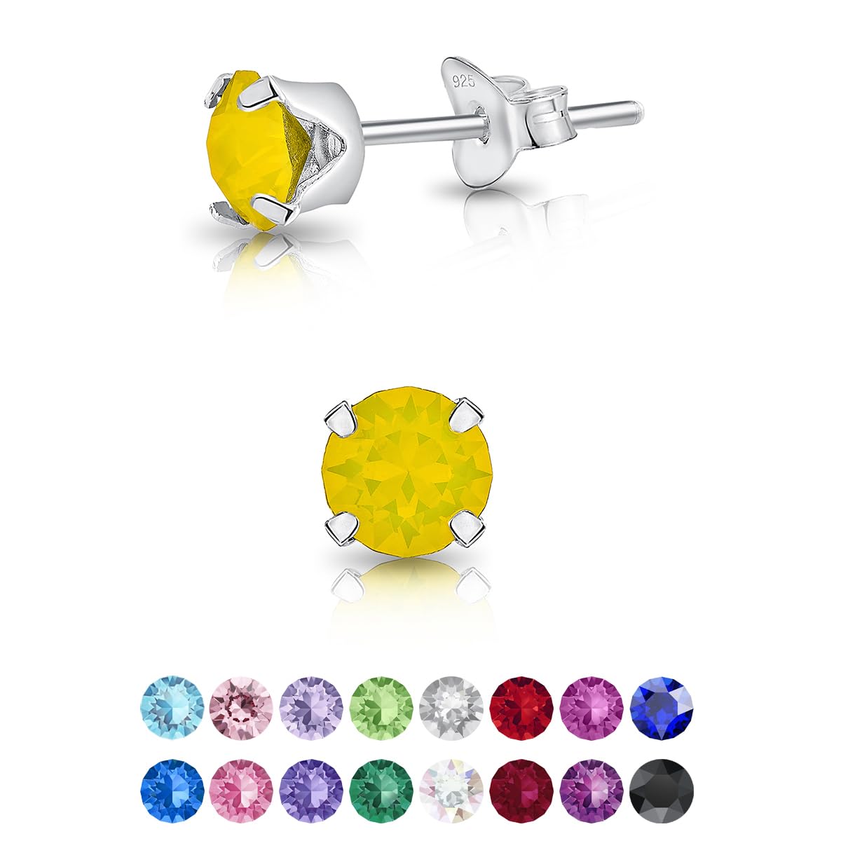 925 Sterling Silver Round SMALL Stud Earrings made with Glittering Crystals - Small Silver Studs Earrings for Woman - Diameter: 5 mm - Colour : Yellow Opal