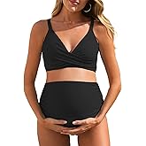 Summer Mae Maternity Bikini Swimsuit Color Block Two Piece Criss Cross V Neck Bathing Suit High Waist Pregnancy Swimwear