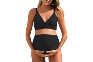 Summer Mae Maternity Bikini Swimsuit Color Block Two Piece Criss Cross V Neck Bathing Suit High Waist Pregnancy Swimwear
