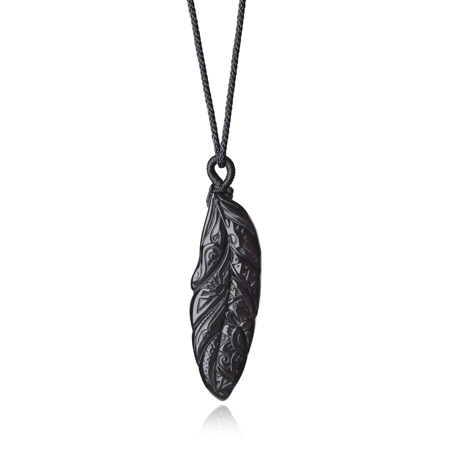 COAI Women's Feather Pendant Black Obsidian Necklace Healing Crystal Necklace for Women Men
