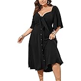 SCOMCHIC Plus Size Summer Dress Casual Short Sleeve Bow Tie Deep V Neck Smocked Button Down Midi Flowy A-line Boho Dresses