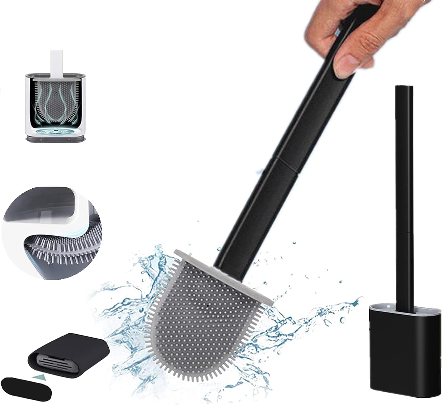 KWIK CLEAN 1 Pack Black Deep Clean Silicone Toilet Brush & Quick Dry Anti-drip Holder, Flexible No scratch Bathroom Brush Long Non-Slip Handle for Easy Cleaning, Durable Toilet Brush Set With Holder