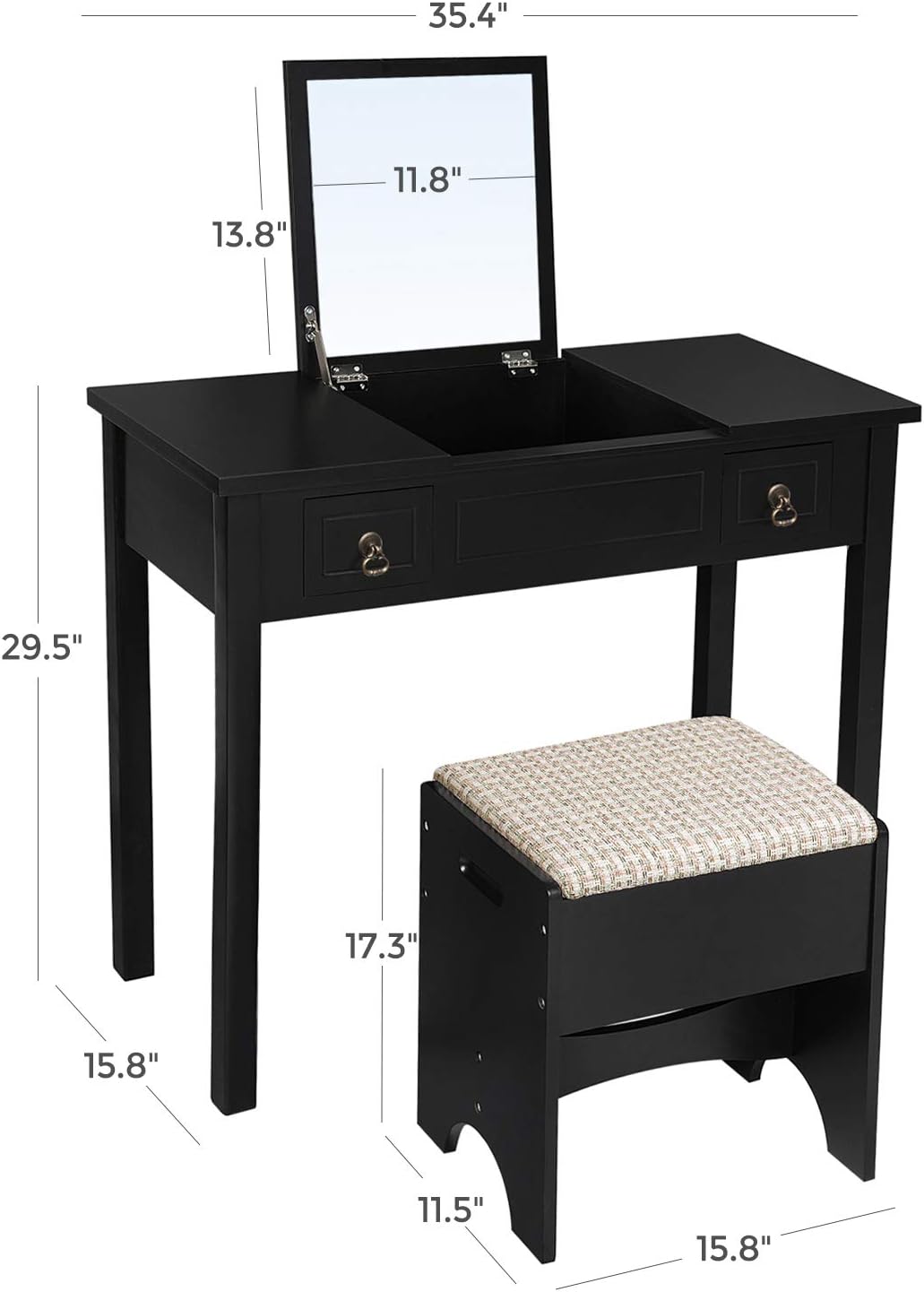 VASAGLE Vanity Set with Flip Top Mirror Makeup Dressing Table Writing Desk with 2 Drawers Cushioned Stool 3 Removable Organizers Easy Assembly, Black: Home & Kitchen