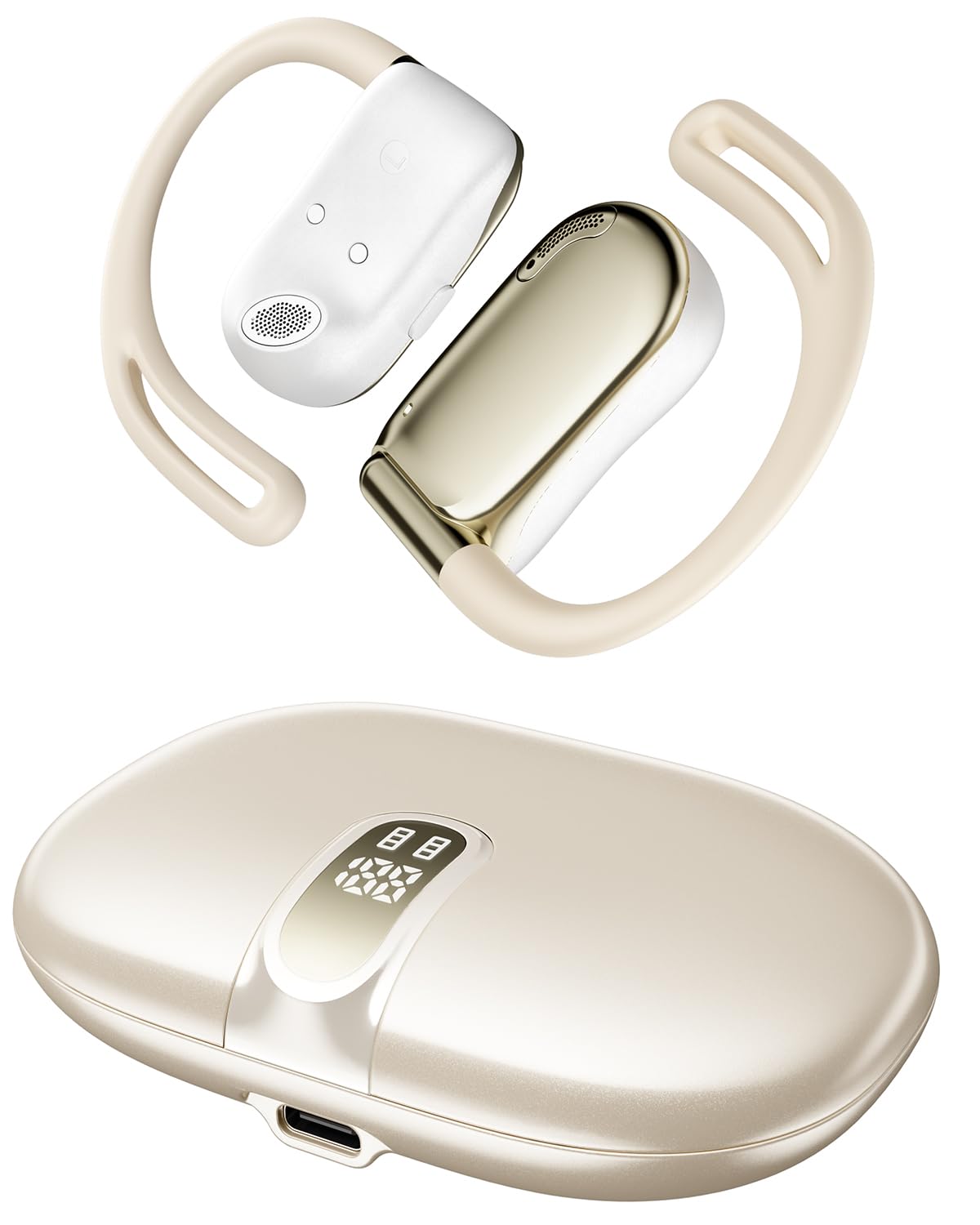 Photo 1 of NEOQOQO Open Ear Headphones, 0.28oz Lightweight Next-Gen Bluetooth 5.4 Air Conduction Wireless Earbuds w/Extra Bass, 48H Playtime, 3 EQ Modes, ENC Mic, IPX5, Snug Fit for Workout Running Beige