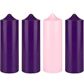 Mega Candles Unscented Advent Bell Top Pillar Candle Set 4 ct 3" x 9" | Hand Poured Premium wax, 3 purple 1 pink. Clean 60-hour burn for Advent Wreaths, Holidays, Church, Gifts and Devotional Use