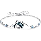 CRWENG Dolphin Bracelet for Women 925 Sterling Silver Blue Crystal Heart Dolphin Bracelet Animal Beach Jewelry Gifts for Women