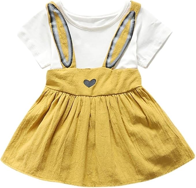 Amazon Yumiki 子供服 ドレス ワンピース ベビー服 半袖 うさぎちゃん 可愛い 夏 お出かけ 入園式 パーティー 遠足 プレゼント カジュアル 肌着 柔らかい 80 イエロー アンサンブル 通販