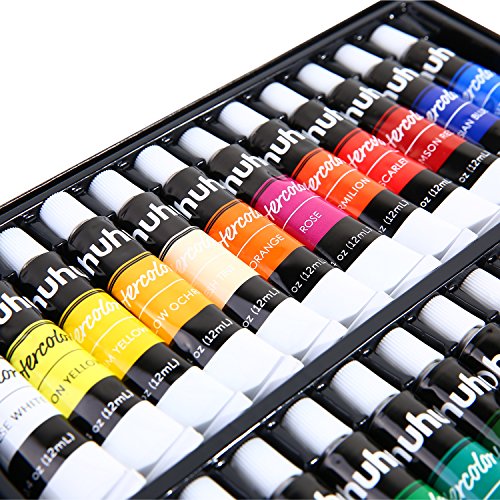 Ohuhu Watercolor Paint Set, 24 Colors Artists Water-color Painting Kit, 12ml x 24 Tubes