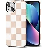 Svanove Checkered Phone Case for iPhone 14 iPhone 13 Case Plaid Lattice, Girly Cute Checkerboard Case for Women, Aesthetic Checker Print Design, Slim Thin Hard Shell Plastic Cover, Tan Brown White