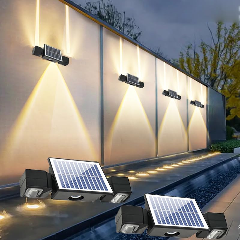 Fence Lights Solar Powered, 80LM Up/Down Solar Fence Lights Outdoor with 3 Lighting Modes, IP65 Waterproof Dusk to Dawn Deck Light, 3 Heads Outdoor Light for Backyard/Wall/Step/Railing/Patio, 2-Pack