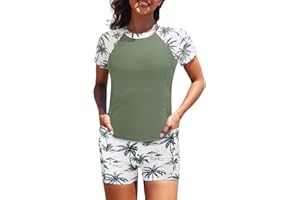 Daci Women's 2 Piece Rash Guard UPF 50+ Short Sleeve Swim Shirt with Shorts Swimsuit with Pockets and Built-in Bra