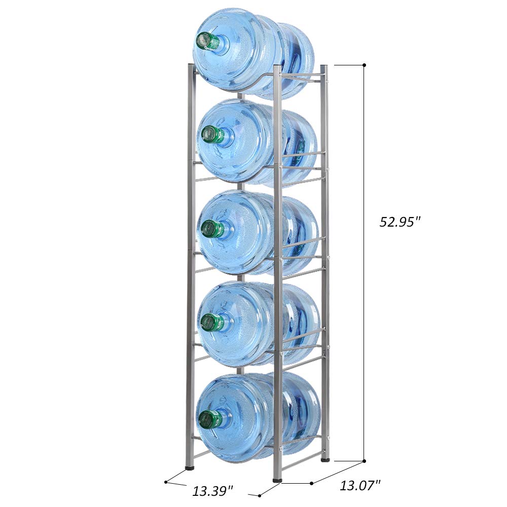 5-Tier Water Cooler Jug Rack, 5 Gallon Water Bottle Storage Rack Detachable Heavy Duty Water Bottle Cabby Rack for Home, Office Organization (Silver)